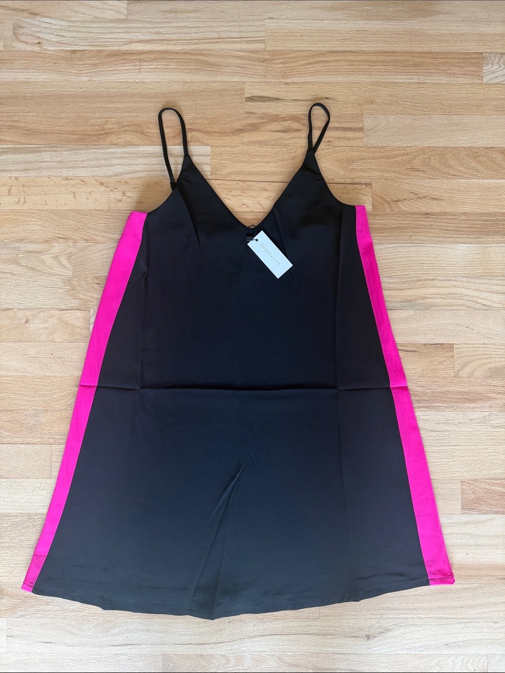 NWT: Mini Black Slip Dress w/ Hot Pink Side Panels, Adjusts Straps, sz. S/M